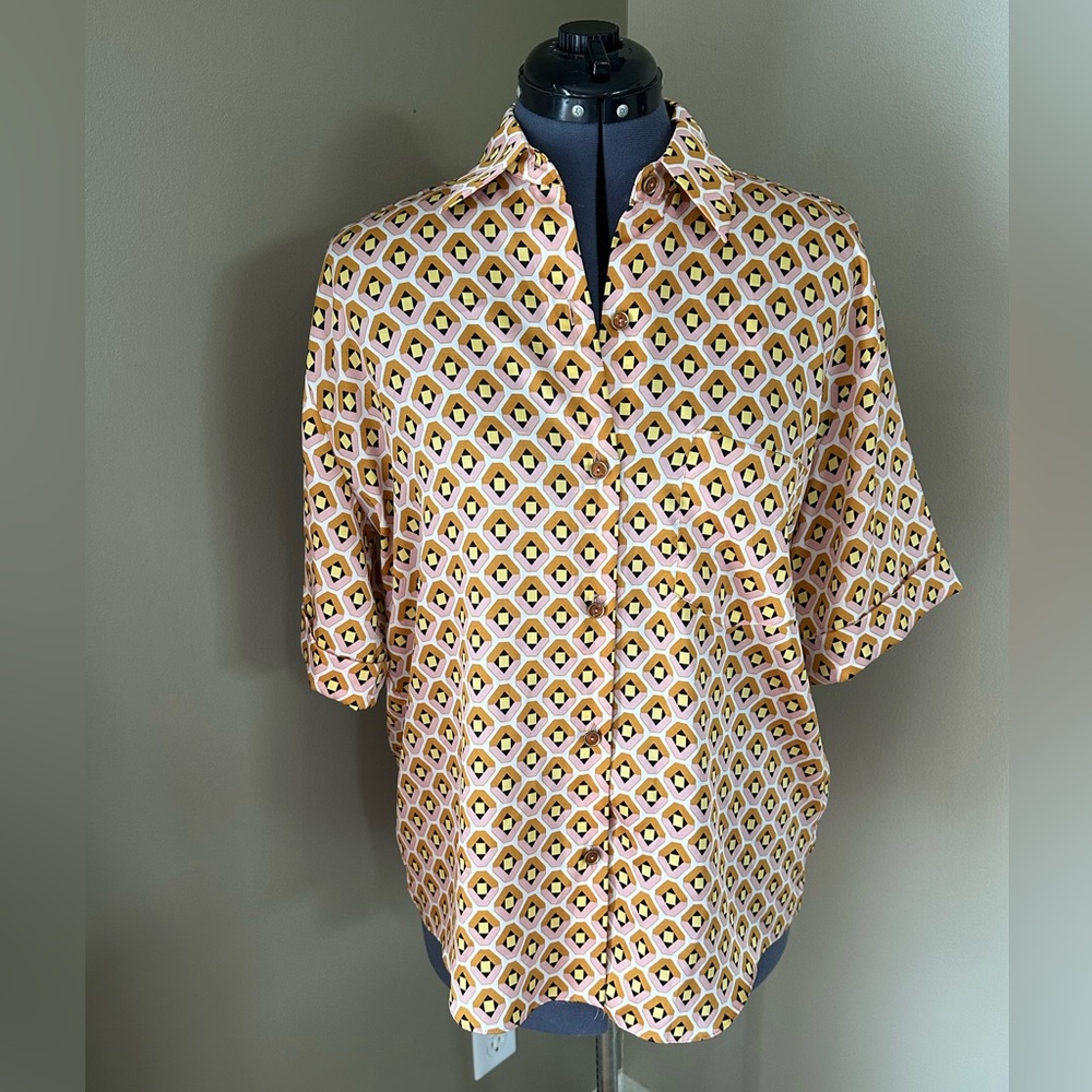 Zara Pink and Yellow Button Down Shirt - LARGE